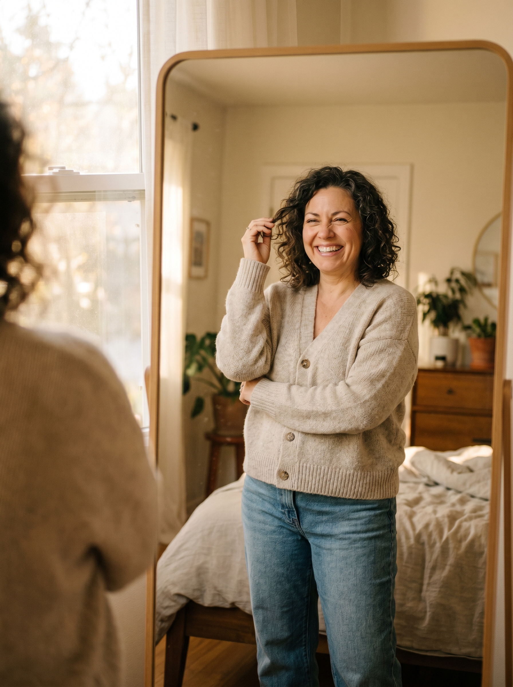 A happy, confident woman smiling at her reflection in a bedroom mirror in warm natural light