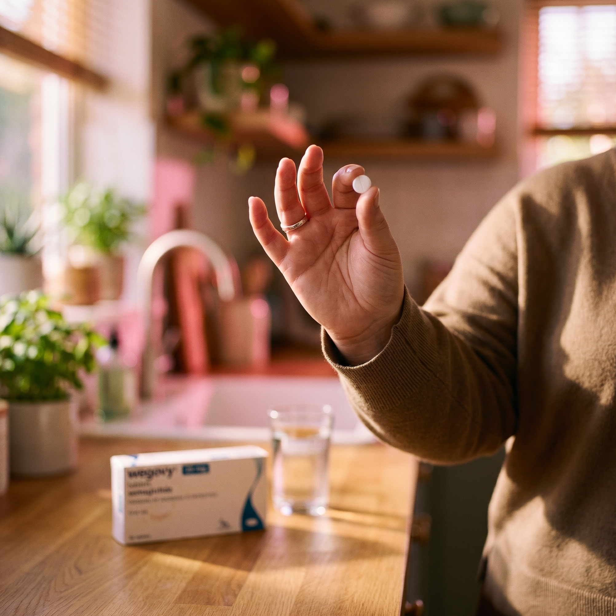 A person holding a white tablet between their fingers, with a blurred medicine box and a glass of water on a kitchen counter