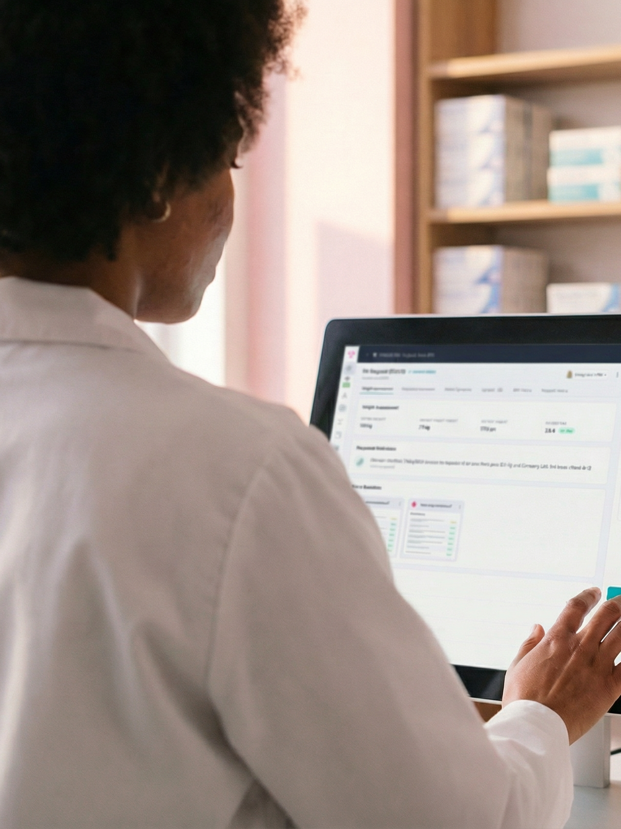 A pharmacist reviewing a patient assessment on a tablet in a calm pharmacy consultation area