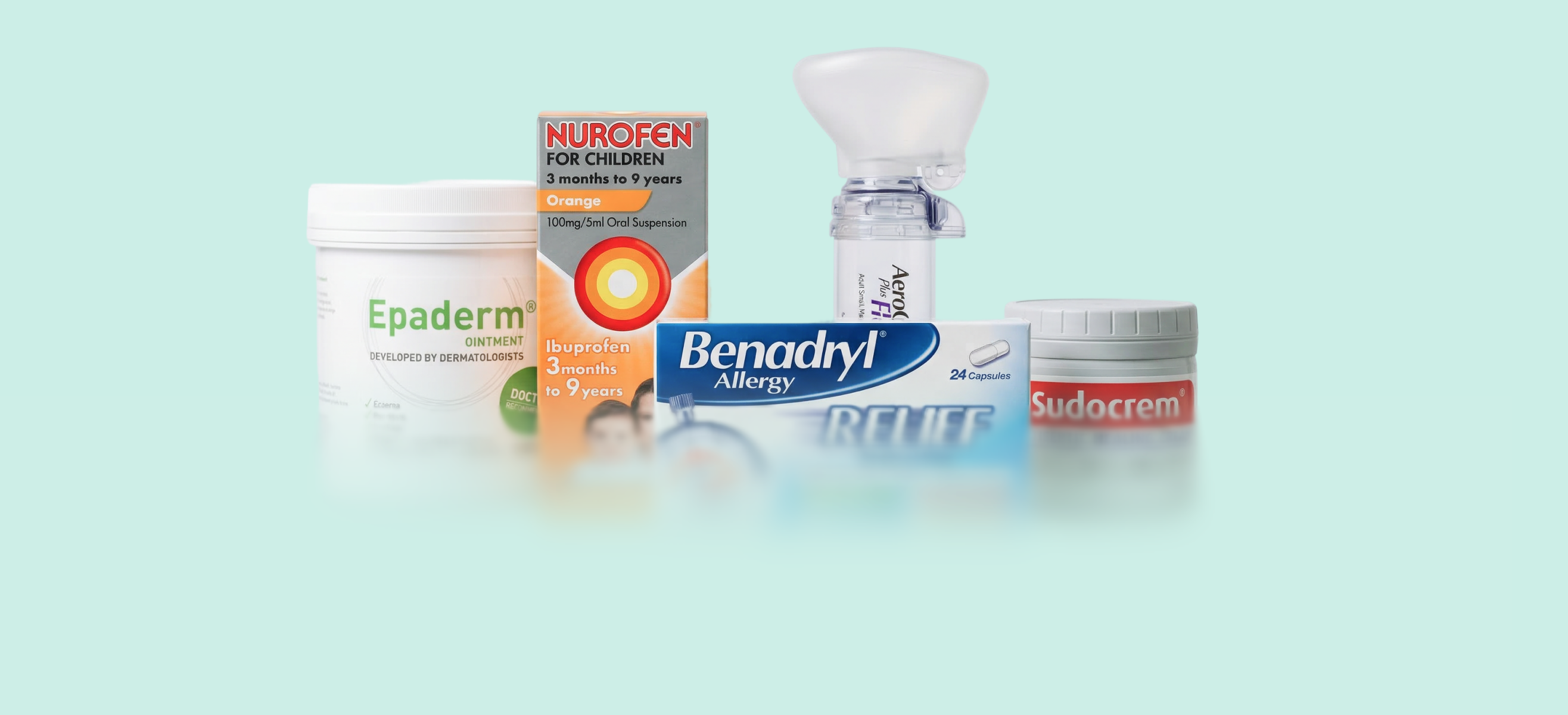 Everyday pharmacy essentials &mdash; Epaderm ointment, Nurofen for Children, Benadryl Allergy, and a children&rsquo;s inhaler