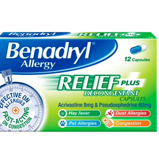 Benadryl Allergy Relief Plus Decongestant Capsules  12 Capsules