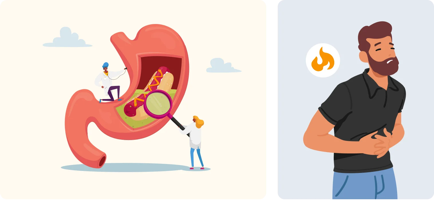 Graphic o hotdog inside of the stomach and doctor checking for acid reflex. Also a heartburn sufferer feeling the burn