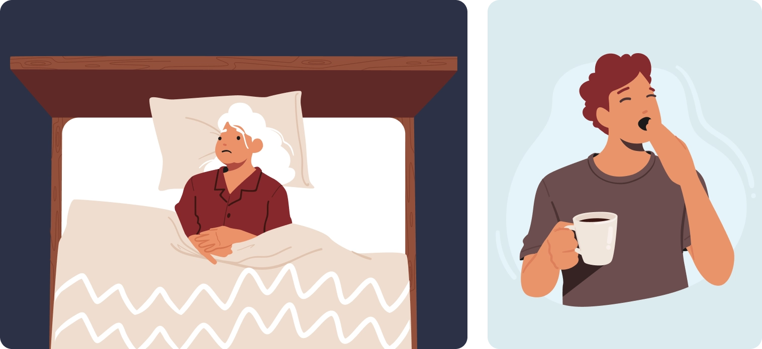 Woman suffering from insomnia in be awake at night. Man yawning because he didn't get quality sleep.