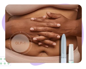A woman with her hands over her stomach experiencing side effects from GLP-1 injectables