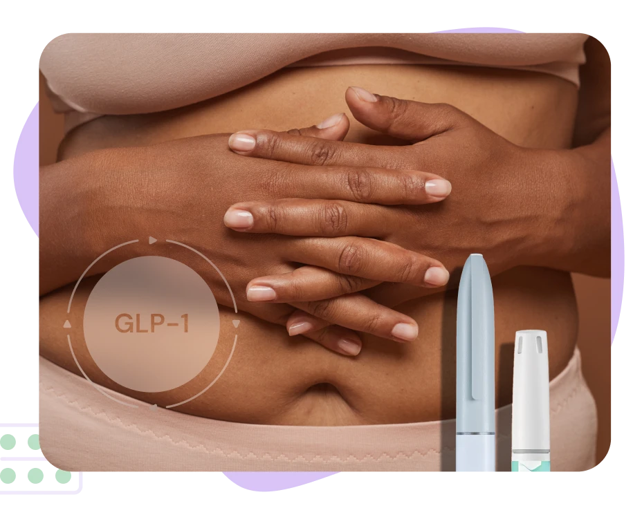A woman with her hands over her stomach experiencing side effects from GLP-1 injectables