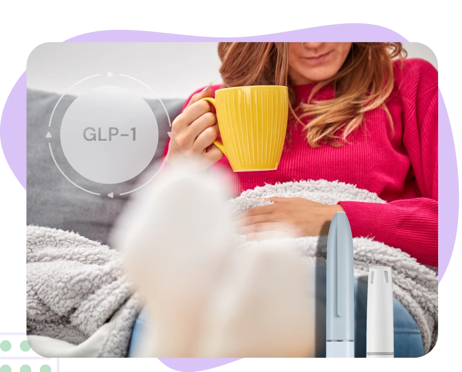 Woman taking a tea to help with nausea and vomiting due to GLP-1 treatment