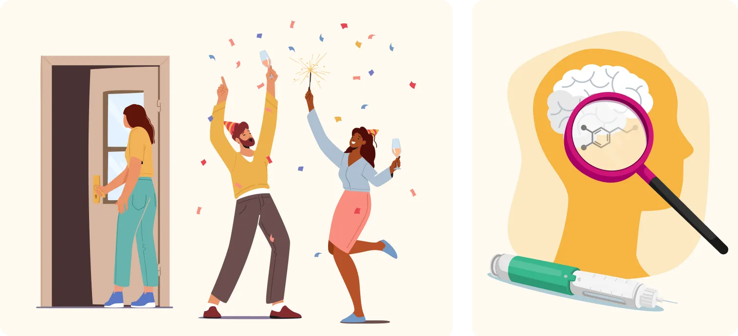 Split Graphic: Right – Brain with muted dopamine symbols and a glp-1 pen. Left – People partying
