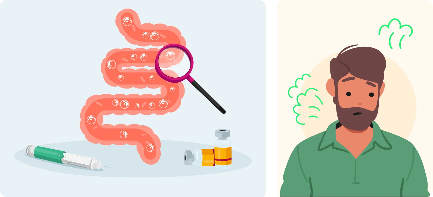 plit Graphic: Left – Digestive tract with gas bubbles. Right – Person looking embarrassed or holding their stomach.