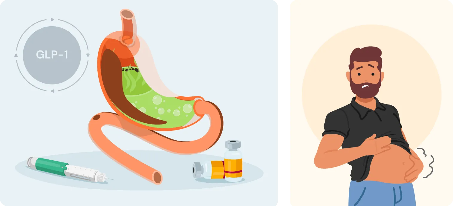 Split Graphic: Left – Stomach icon with bubbles or acid. Right – Person clutching their belly, looking bloated or gassy.